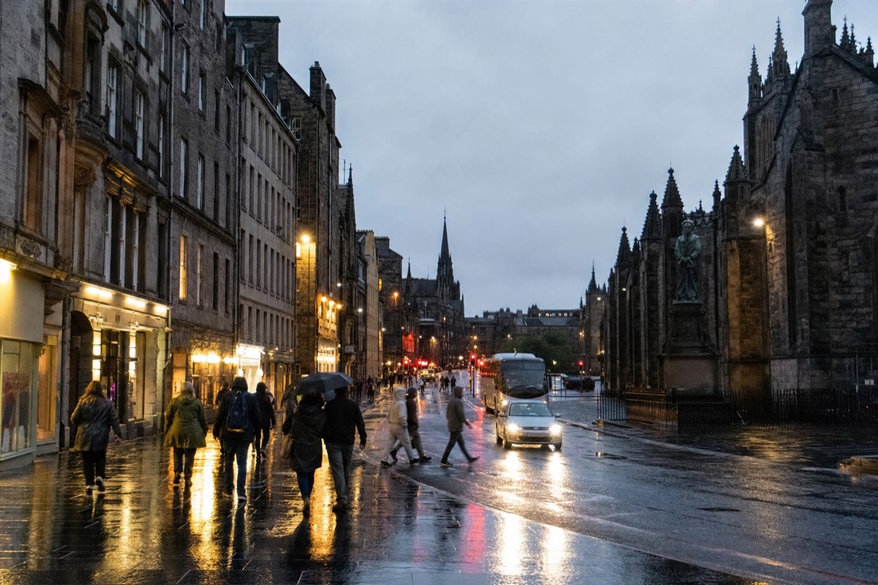 A wet Scottish city street at dusk with lit shop fronts and pedestrians crossing under street lamps.