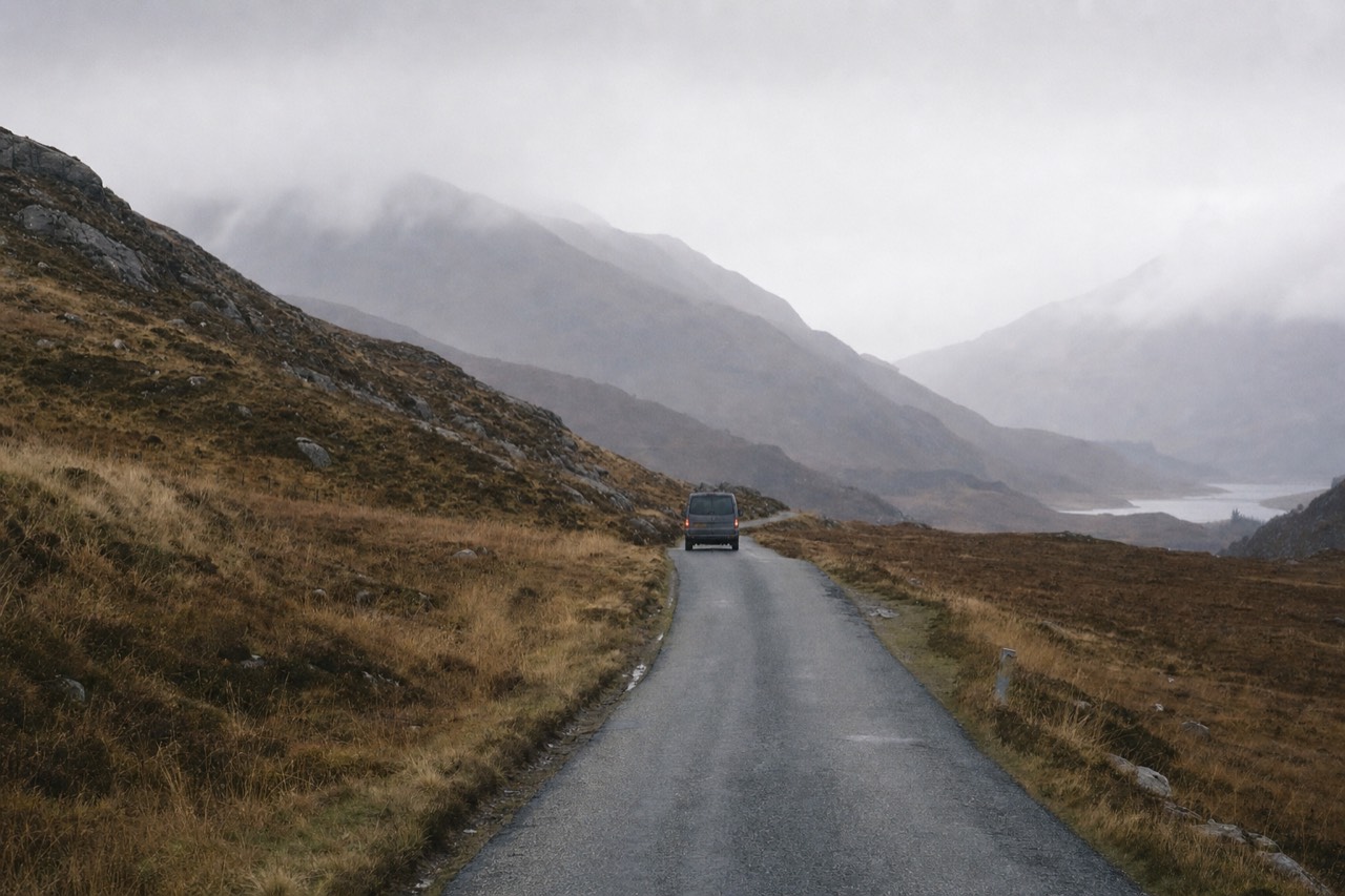 A single-track Highland road with a marked passing place sign and open moorland on both sides.